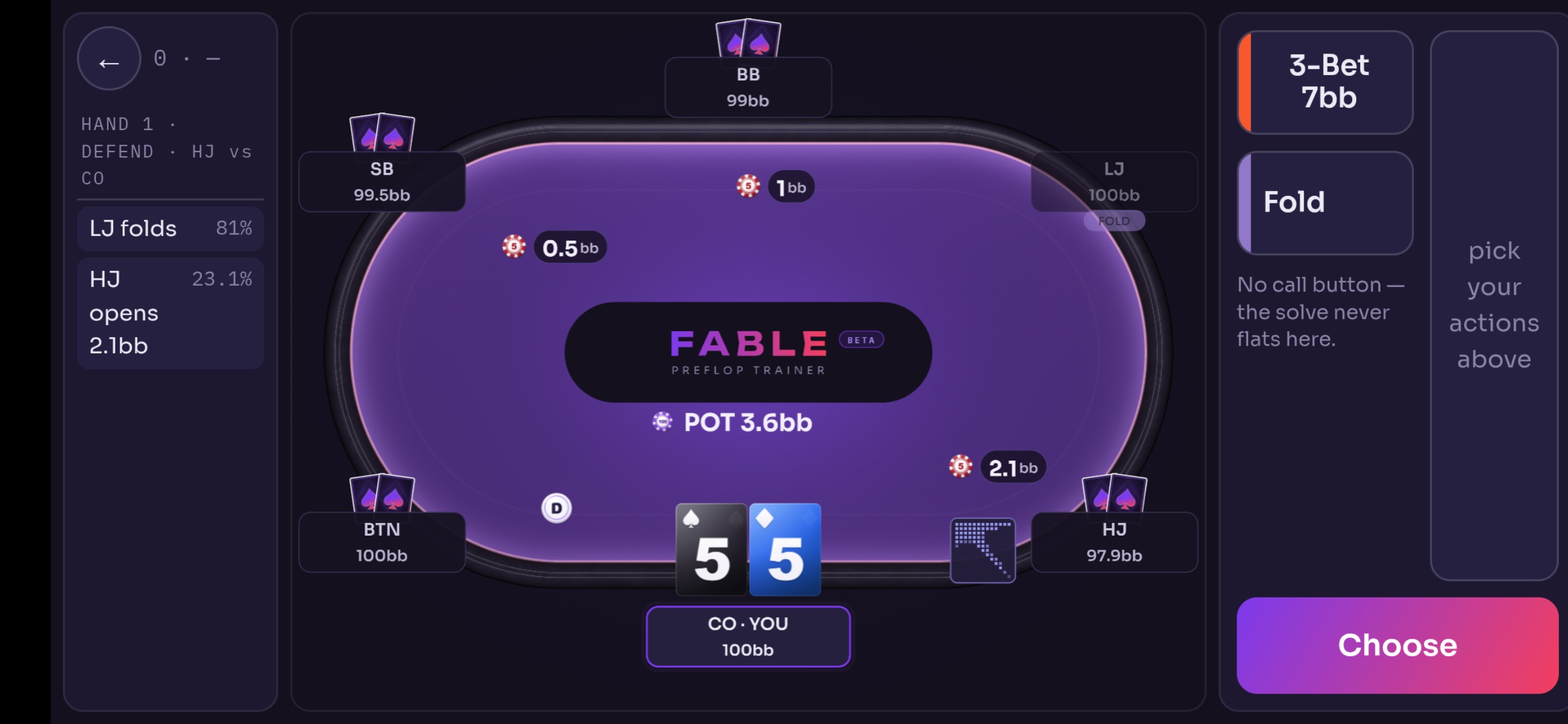 The Fable Preflop Trainer iPhone app mid-hand: a six-seat table in landscape with the lojack folded and the hijack opening to 2.1 big blinds, your pocket fives in the cutoff, and the choices 3-bet 7bb or fold beside a Choose button